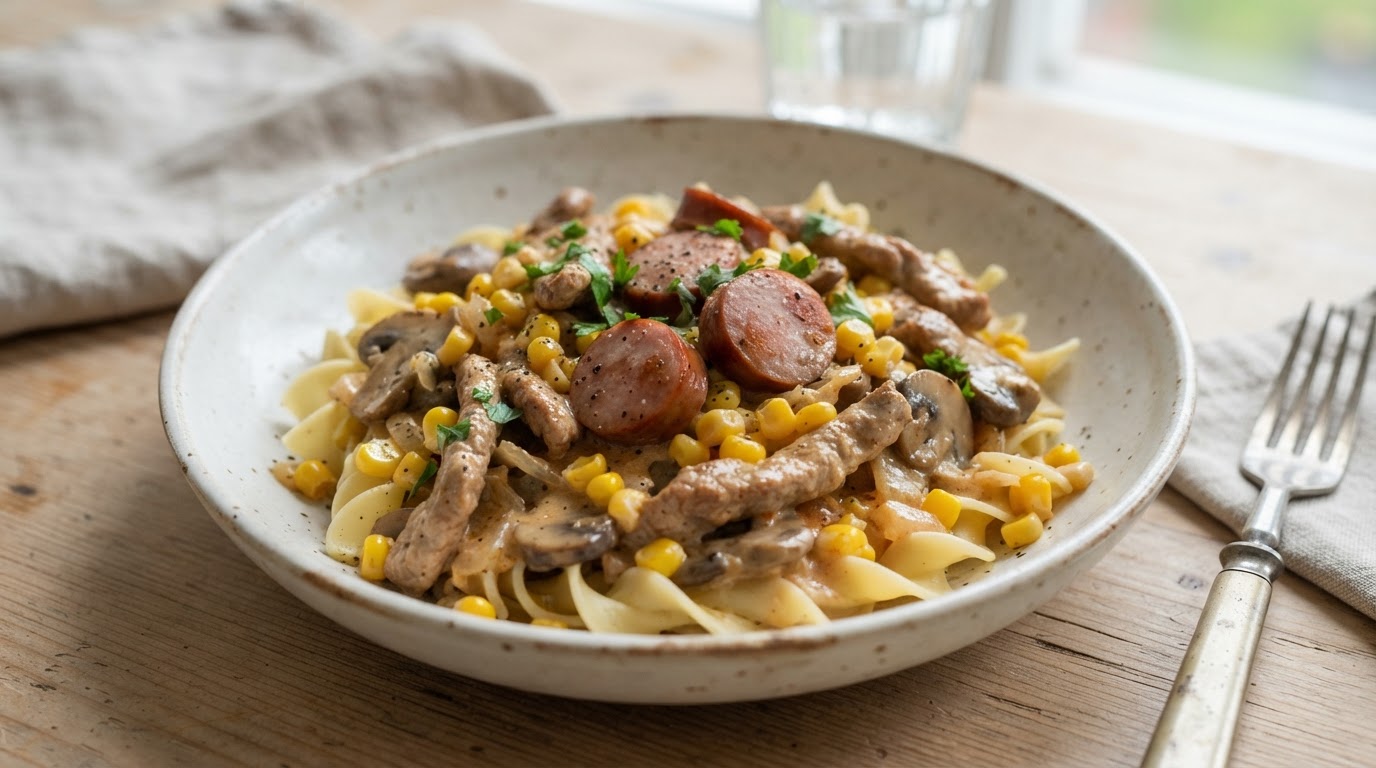 Lynrask svinestroganoff med fersk mais – illustrasjonsbilde