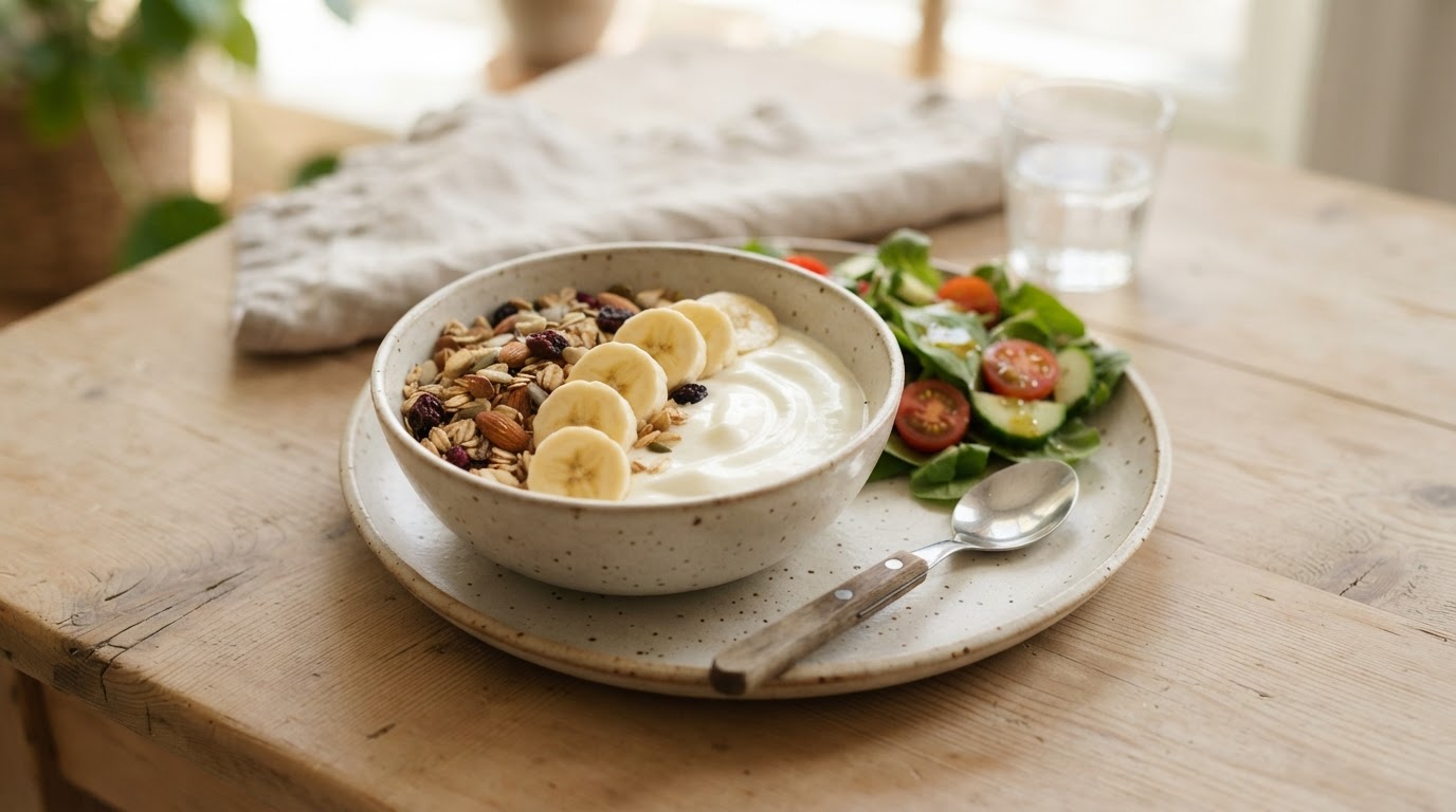 Lynrask yoghurtbowl med banan og müsli – illustrasjonsbilde
