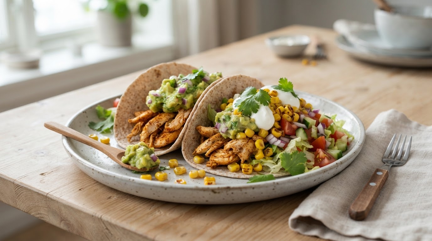 Mager og proteinrik fredagstaco med kylling, fersk mais og guacamole – illustrasjonsbilde