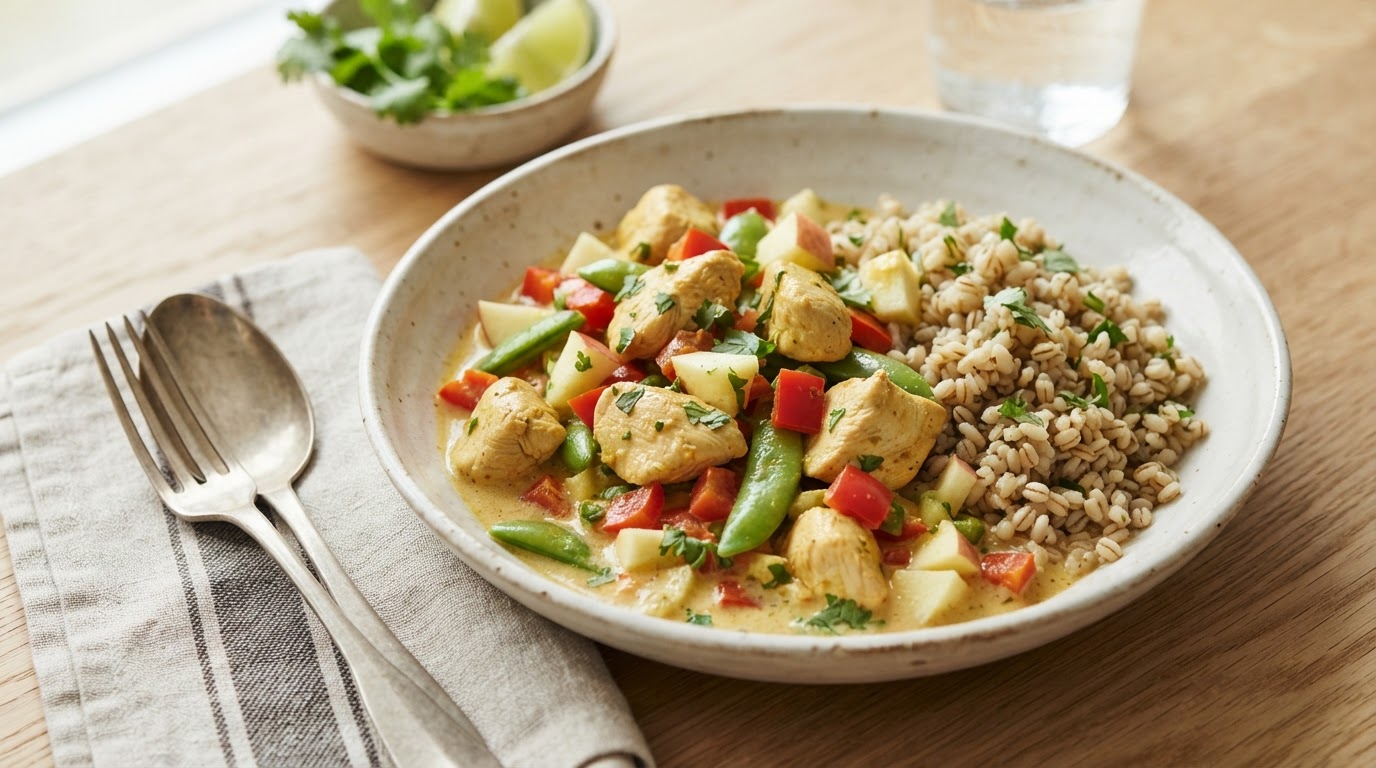 Mager og Proteinrik Kyllingcurry med Byggryn – illustrasjonsbilde