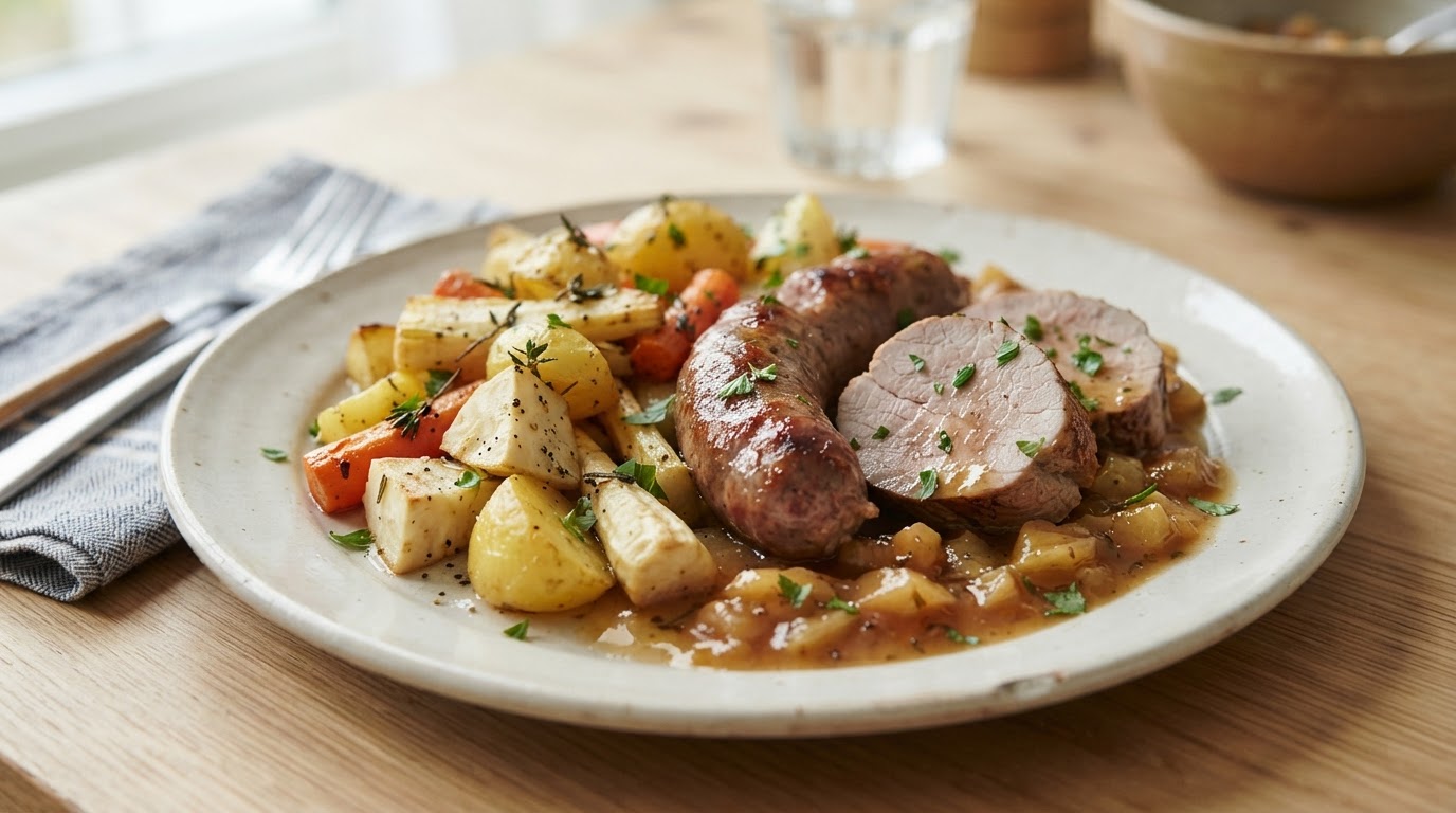 Mager svinefilet med ovnsbakte rotgrønnsaker, poteter og eplesky – illustrasjonsbilde