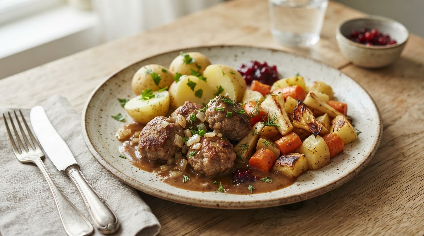 Magre kjøttkaker av okse med poteter, bakte rotgrønnsaker og laktosefri brun saus – slik ser retten ut