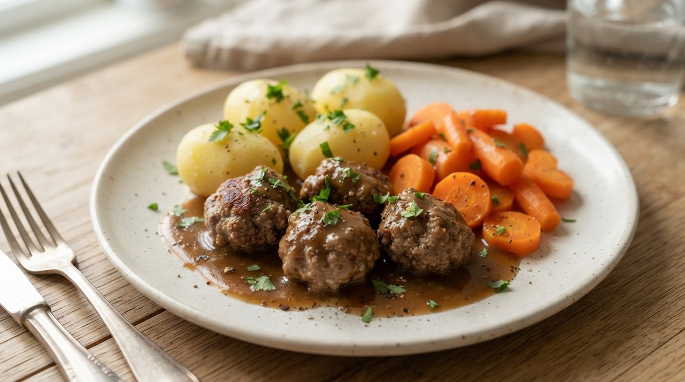 Magre kjøttkaker med poteter, gulrøtter og brun saus – illustrasjonsbilde