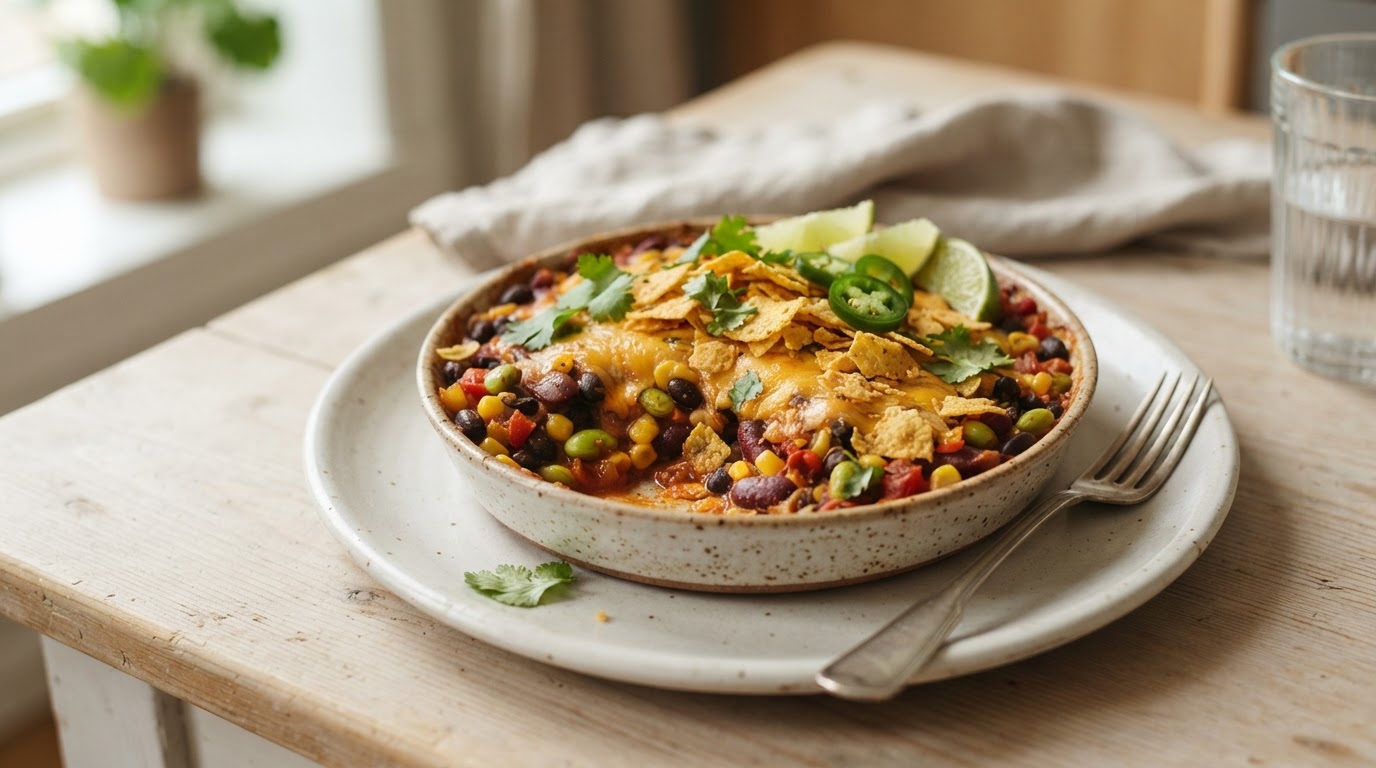 Meksikansk bønneform med fersk mais og crunchy ostetopping – illustrasjonsbilde