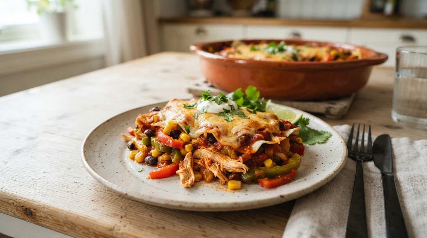 Meksikansk Enchiladagrateng med Kylling og Ost – illustrasjonsbilde