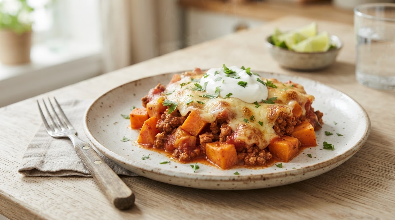 Meksikansk form med vegetarkjøttdeig, søtpotet og gratinert ost – slik ser retten ut