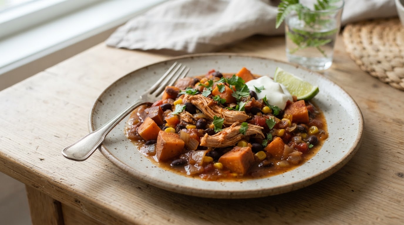Meksikansk kyllinggryte med søtpotet i slow cooker – slik ser retten ut