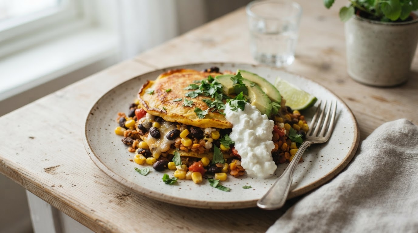 Meksikansk pannekasserolle med fersk mais, bønner og cottage cheese – illustrasjonsbilde