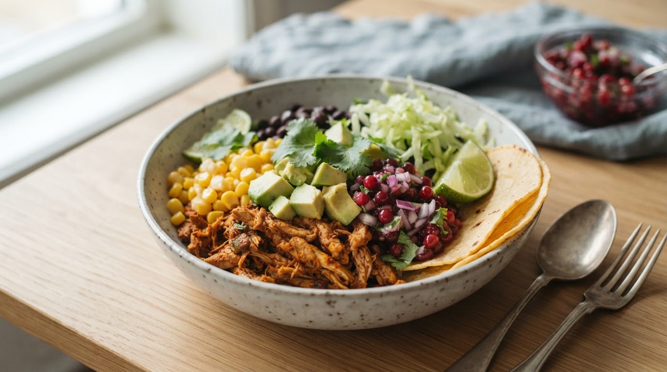 Meksikansk taco-bowl med julerester, avokado og frisk tyttebærsalsa – illustrasjonsbilde