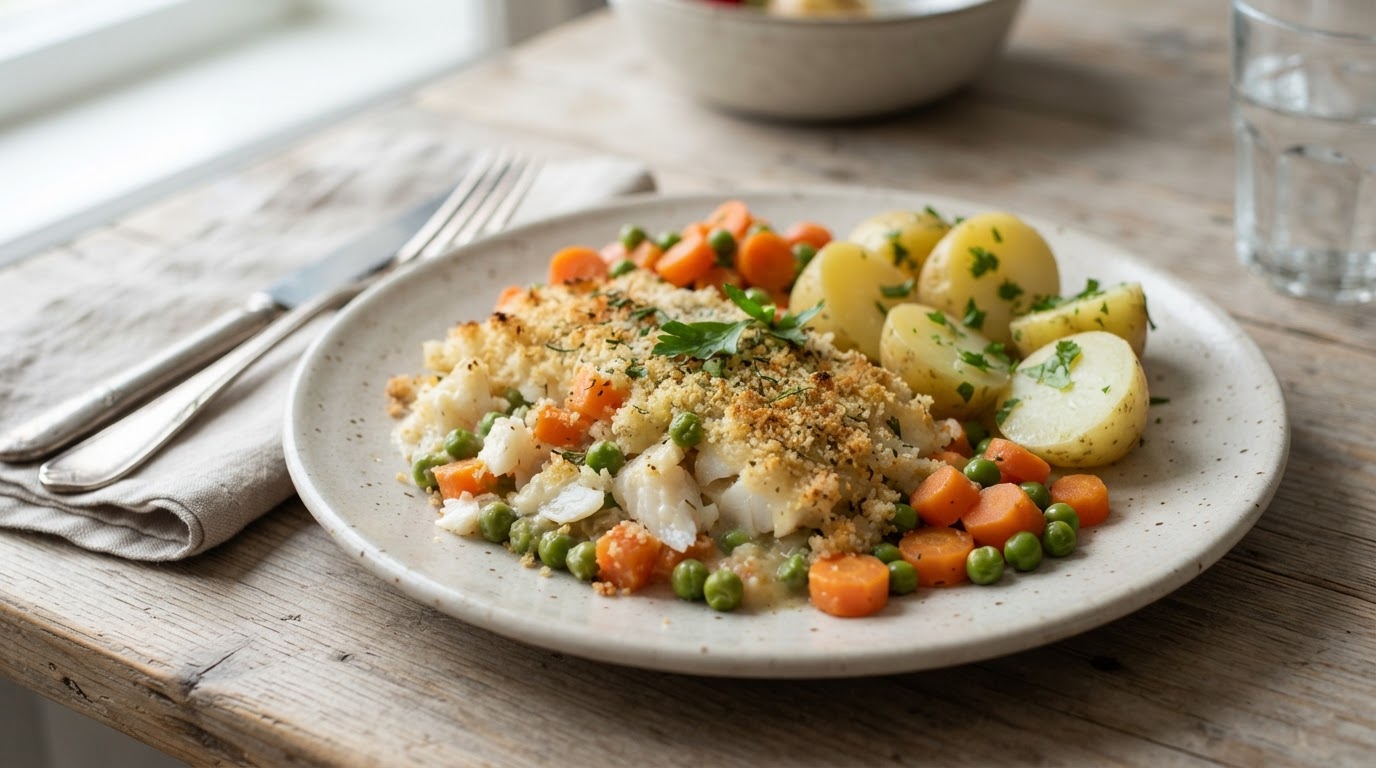 Melkefri fiskegrateng med torsk, erter og poteter – illustrasjonsbilde