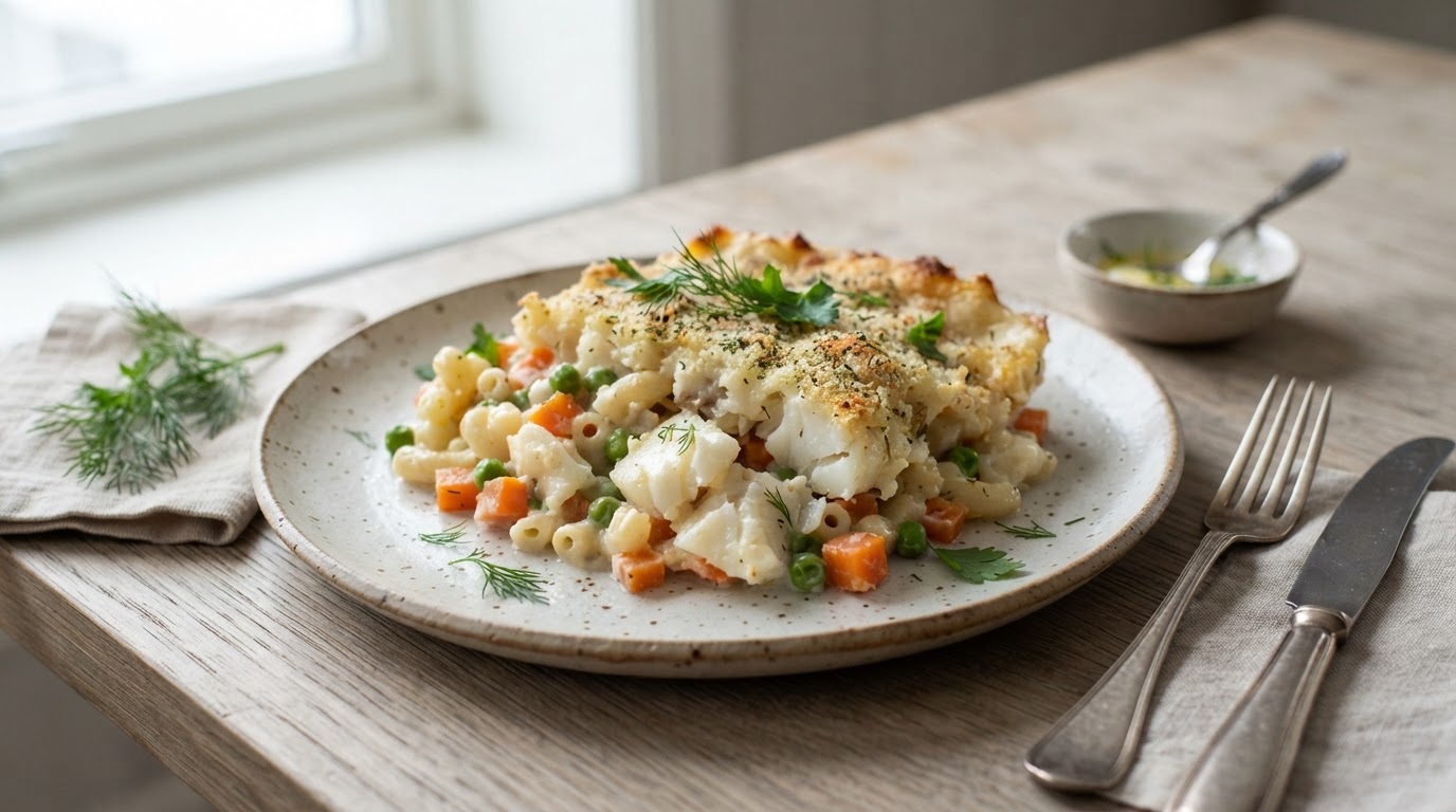 Melkefri og glutenfri fiskegrateng med torsk og erter – illustrasjonsbilde