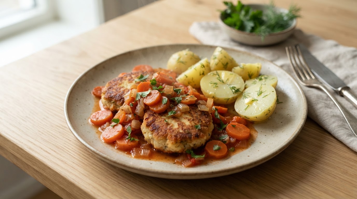 Melkefrie fiskekaker i mild tomatsaus med nypoteter – illustrasjonsbilde
