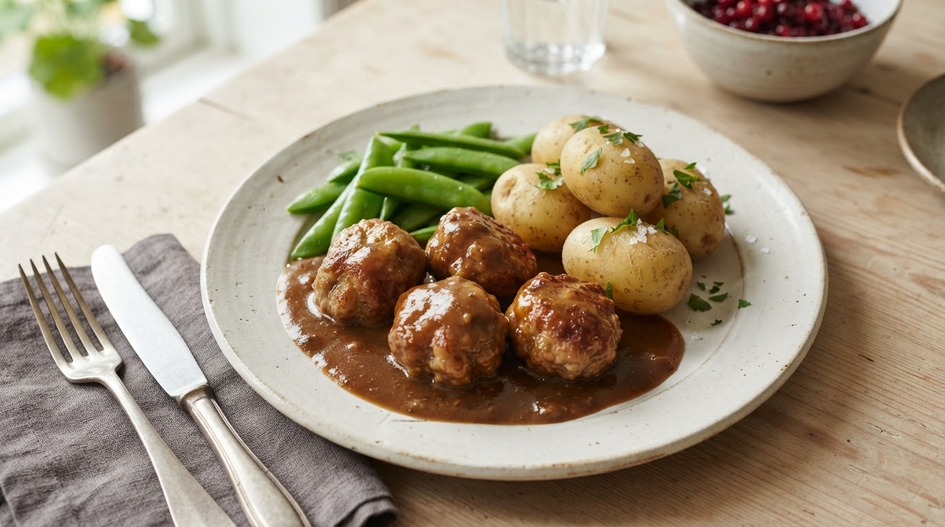 Melkefrie kjøttkaker i mild pannesaus med nypoteter og sukkererter – slik ser retten ut