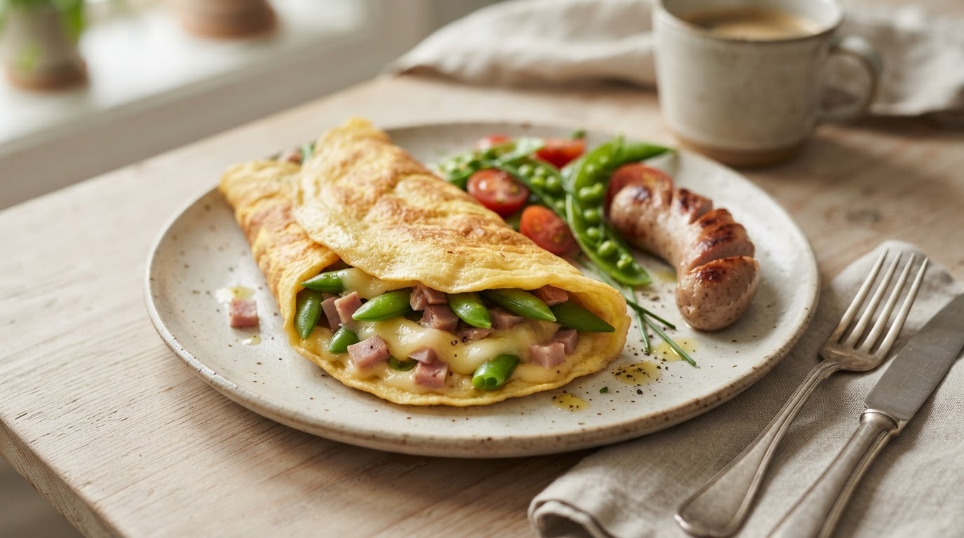 Mettende eggewrap med ost, skinke og ferske sukkererter – illustrasjonsbilde