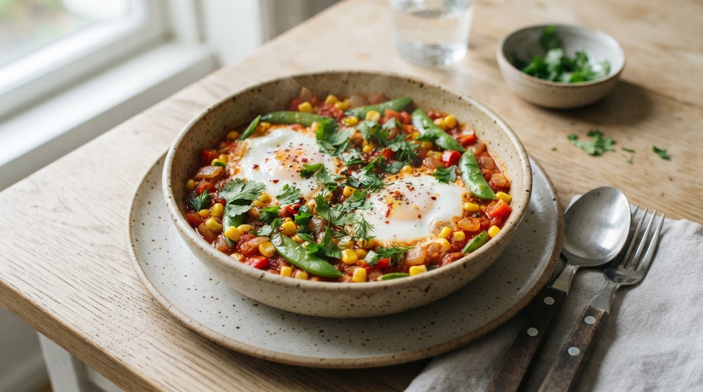 Mettende frokostshakshuka med fersk mais og sukkererter – illustrasjonsbilde