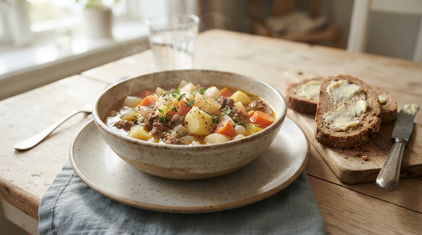 Mettende kjøttdeigsuppe med rotgrønnsaker og grovbrød – illustrasjonsbilde