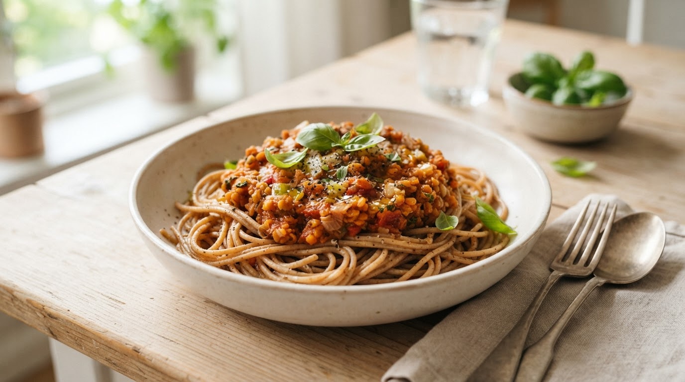 Mettende linsebolognese med fullkornspasta – slik ser retten ut