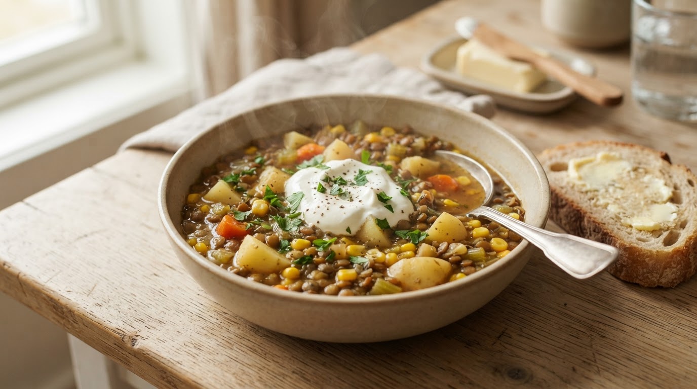 Mettende linsesuppe med nypoteter og fersk mais – illustrasjonsbilde