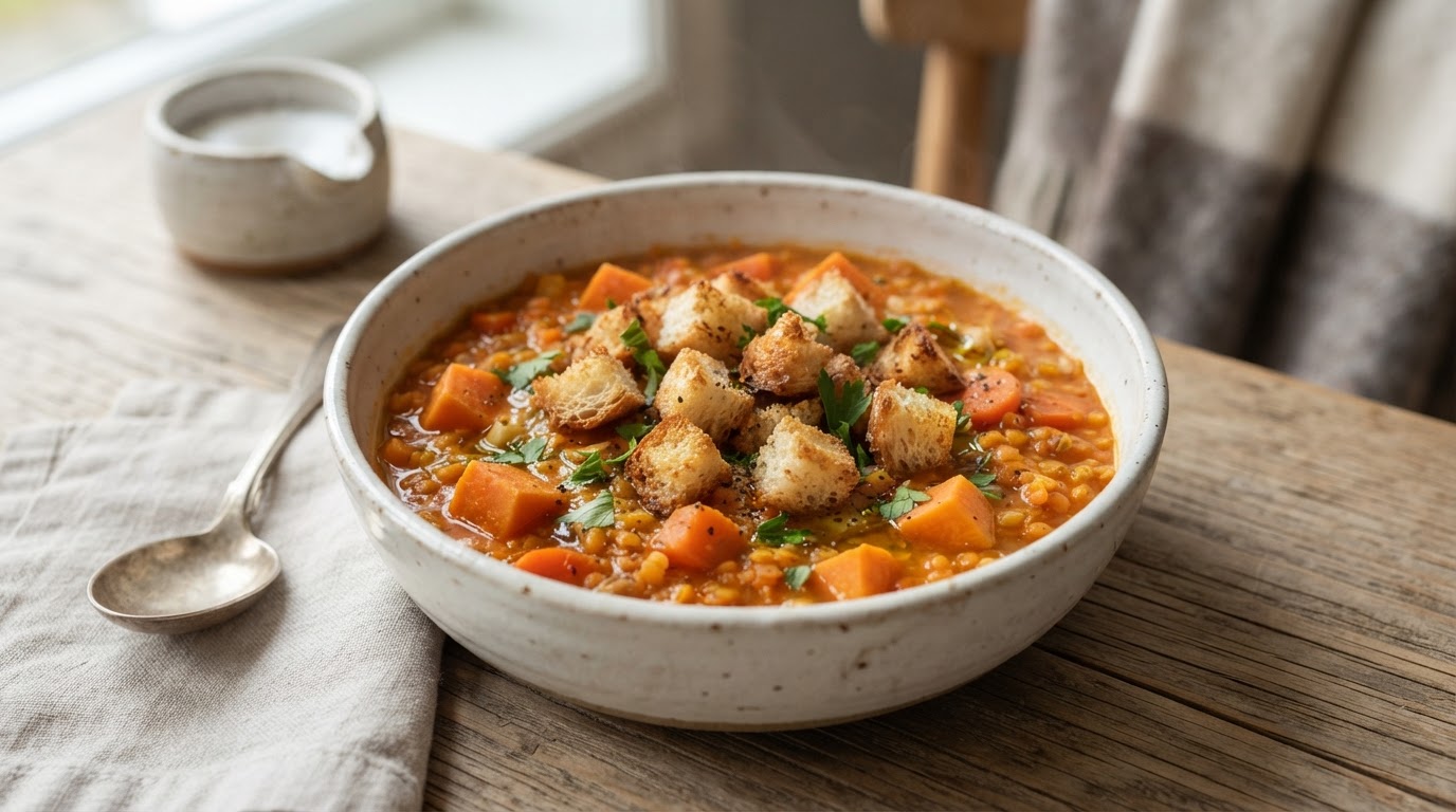Mettende linsesuppe med søtpotet og sprø hvitløkskrutonger – illustrasjonsbilde