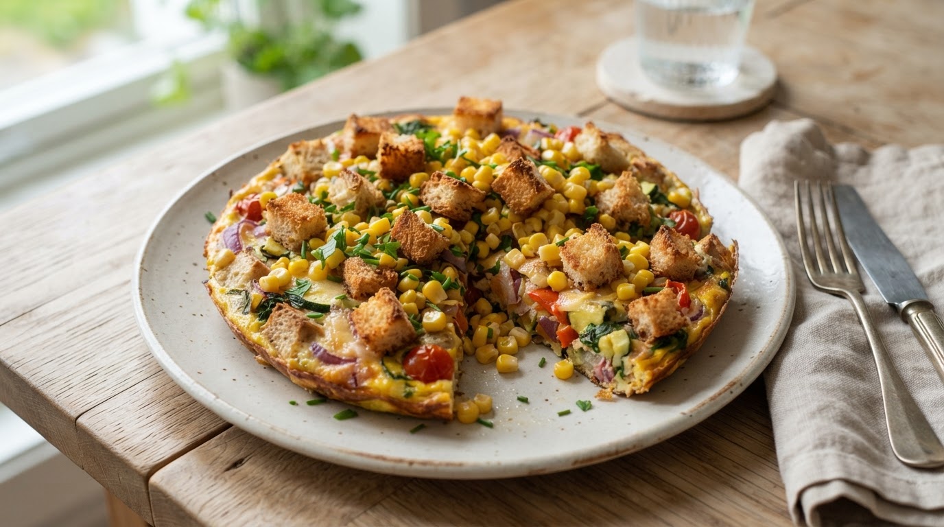 Mettende lunsjfrittata med restebrød og fersk mais – illustrasjonsbilde