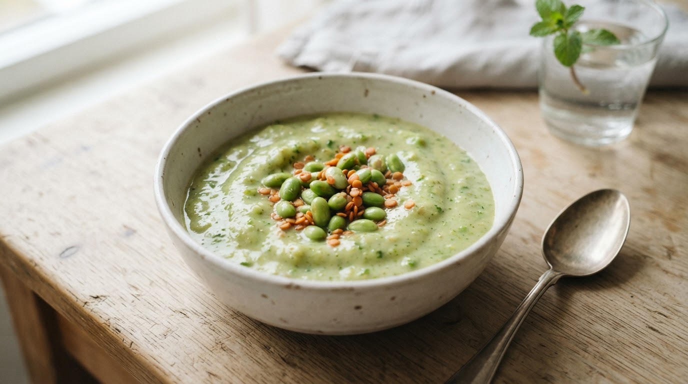 Mettende og grønn pæresmoothie med edamame og soyayoghurt