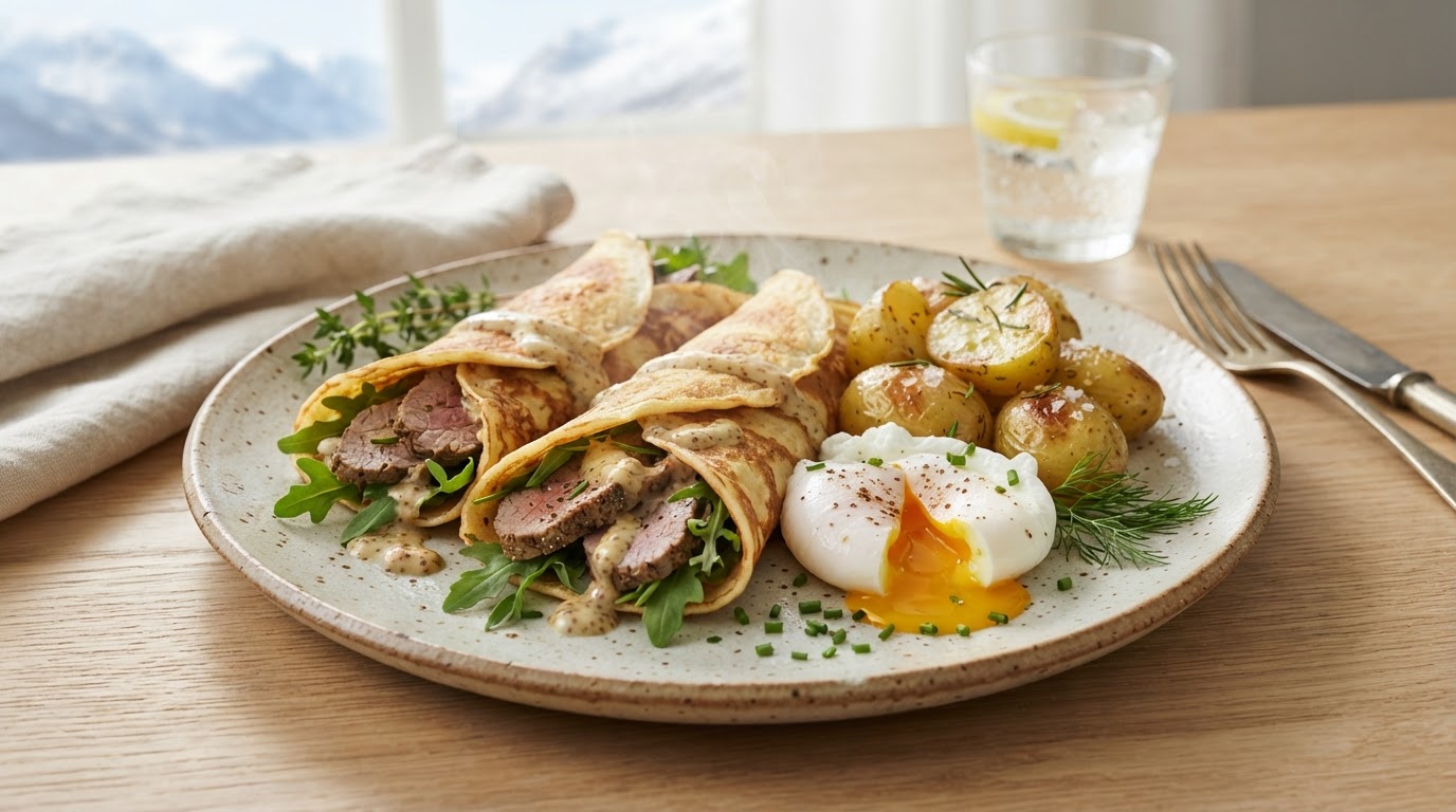 Mettende Påskebrunch med Indrefilet av Lam, Nypoteter og Posjert Egg – illustrasjonsbilde