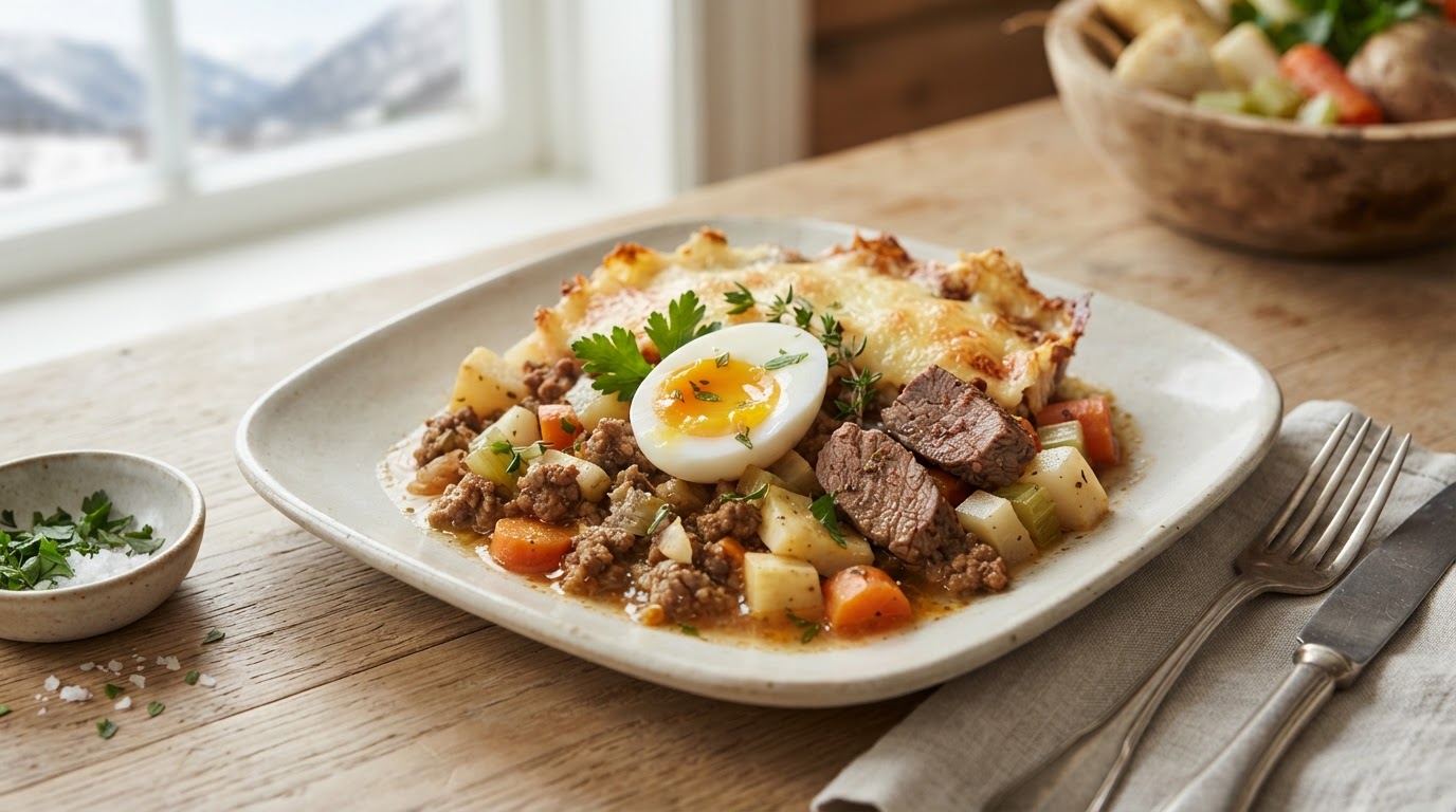 Mettende påskeform med lam, egg og sprø rotgrønnsaker – illustrasjonsbilde