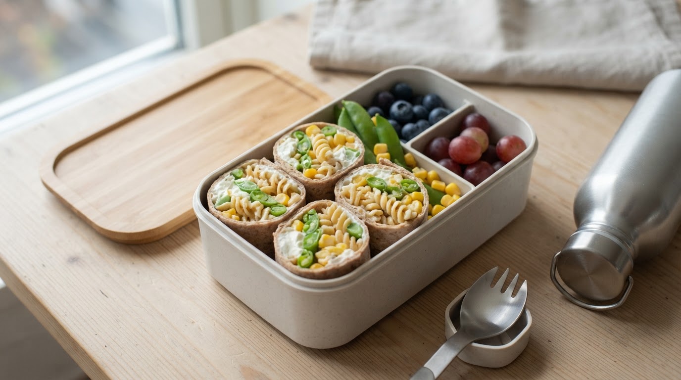 Mettende pastawraps med kremost, fersk mais og sukkererter – illustrasjonsbilde