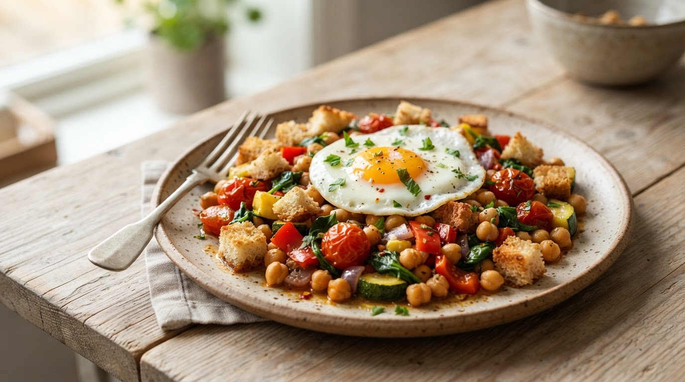 Mettende restepanne med kikerter, sprøtt brød og egg – illustrasjonsbilde