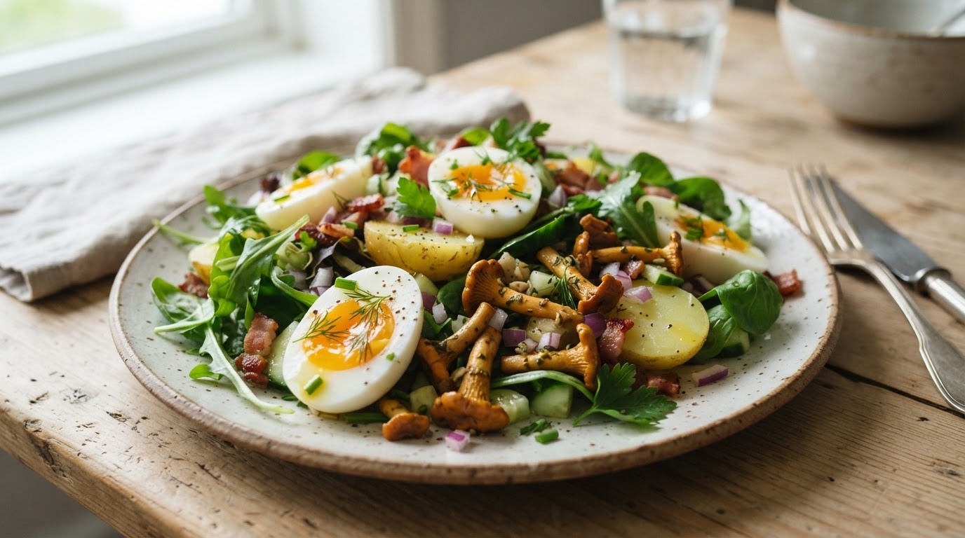 Mettende restesalat med kokte egg og kantareller – illustrasjonsbilde