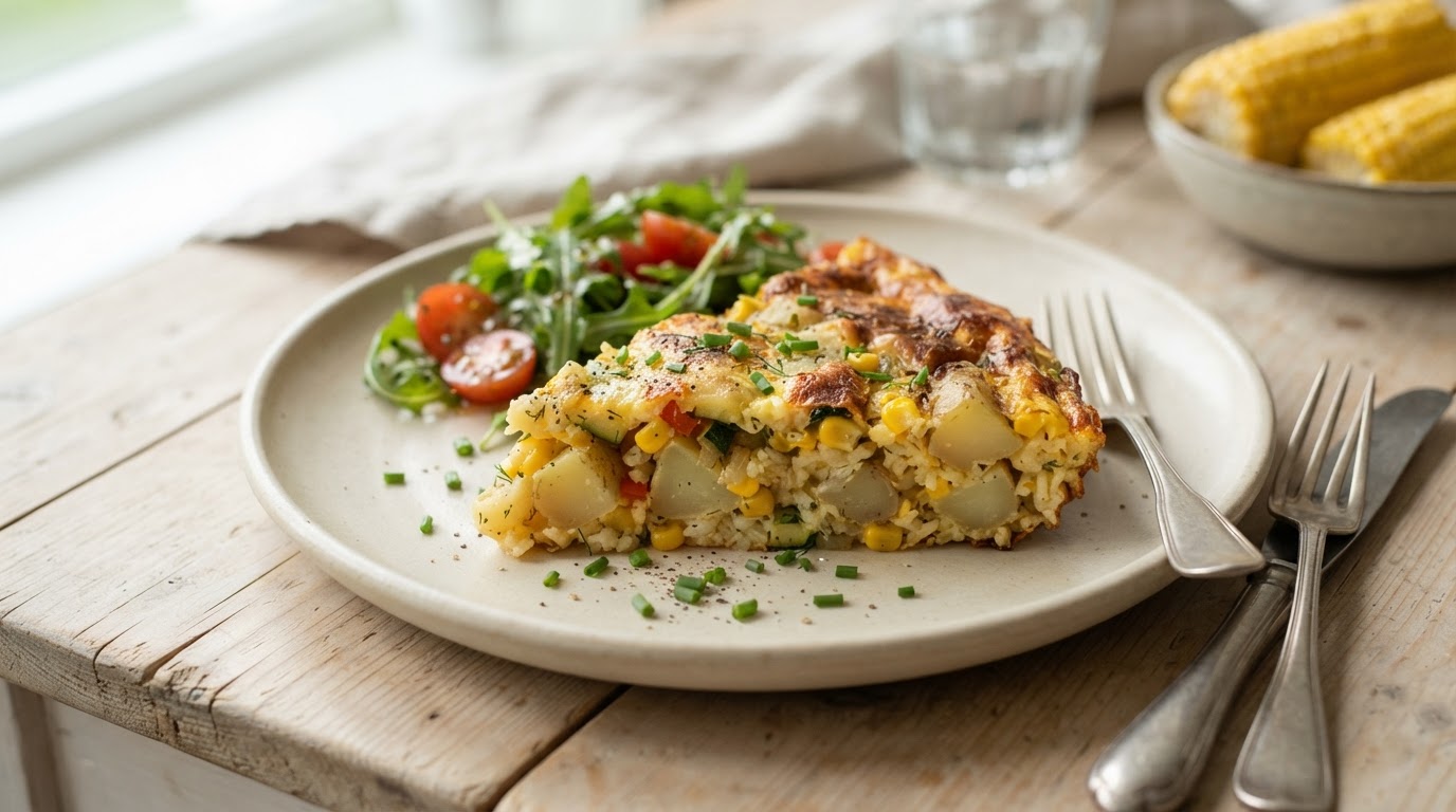 Mettende risfrittata med fersk mais og nypoteter – illustrasjonsbilde