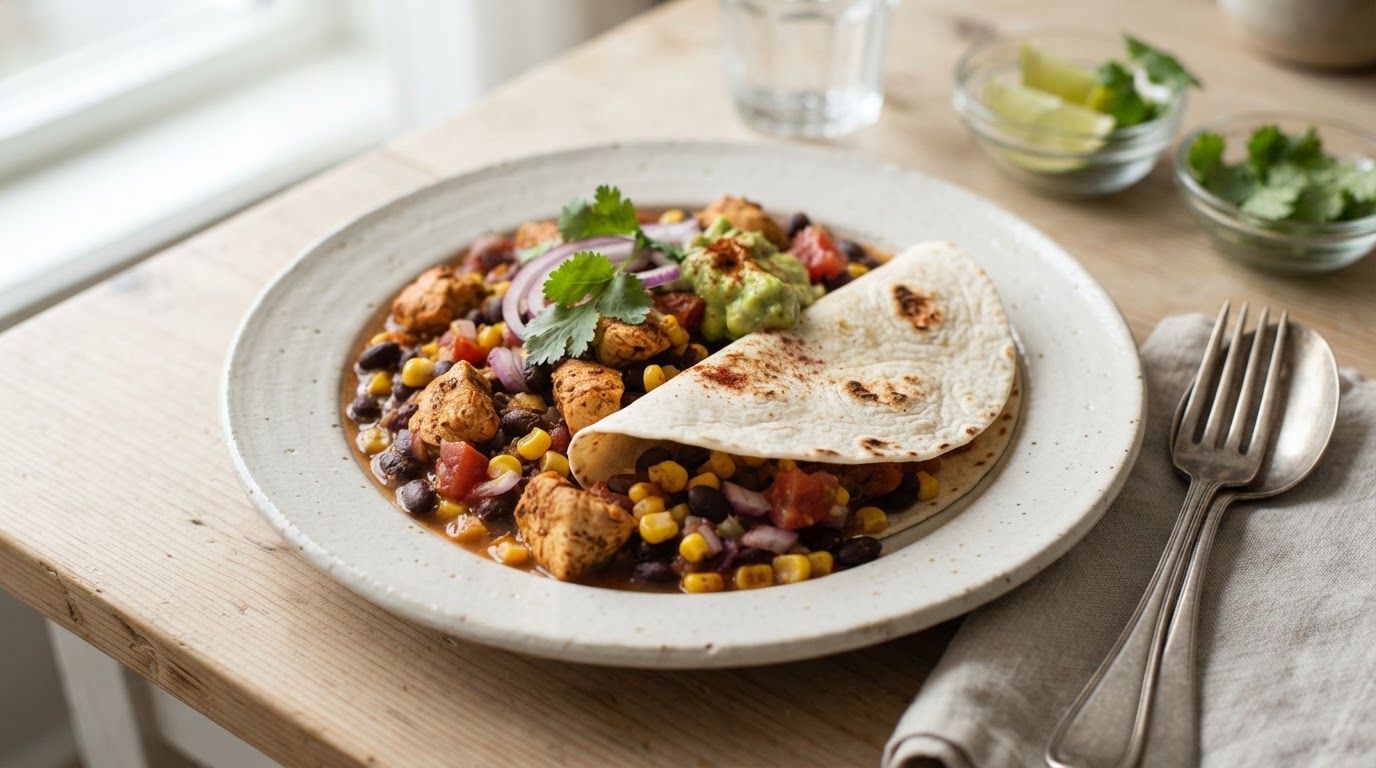 Mettende Tacogryte med Kylling, Bønner og Fersk Mais – slik ser retten ut