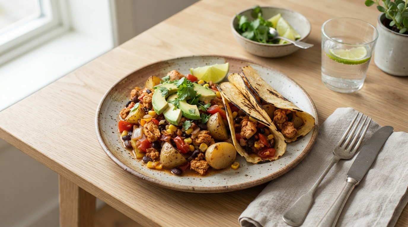 Mettende Tacogryte med Kyllingkjøttdeig, Nypoteter og Avokado – illustrasjonsbilde