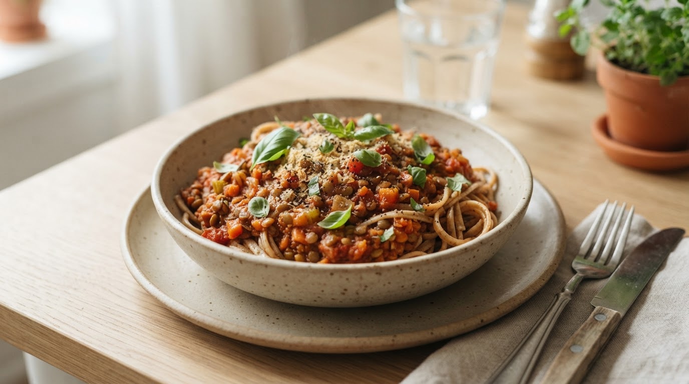 Mettende Vegansk Bolognese med Linser og Fullkornspasta – illustrasjonsbilde
