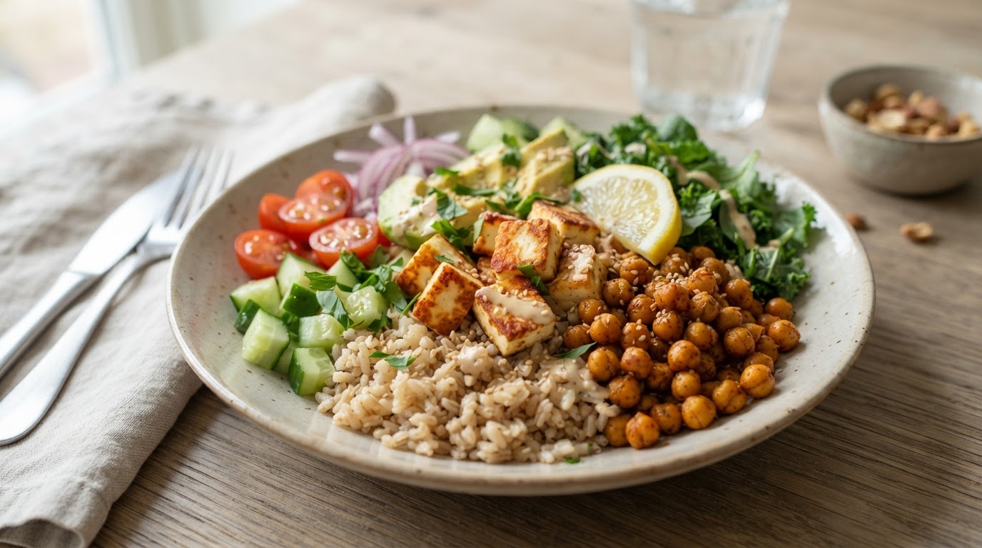 Middagsbolle med Stekt Halloumi, Kikerter og Fullkornsris – illustrasjonsbilde