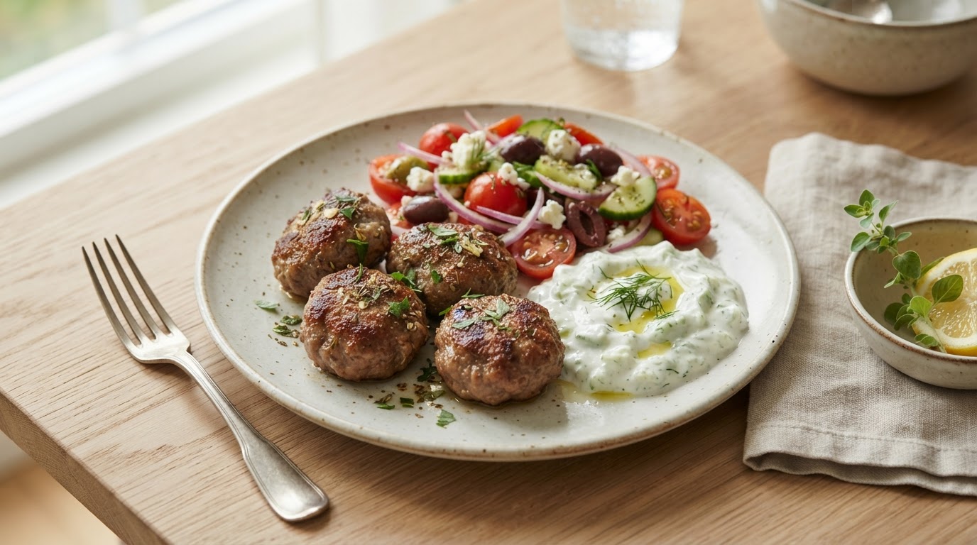 Middelhavsinspirerte kjøttkaker med tzatziki og tomatsalat – illustrasjonsbilde