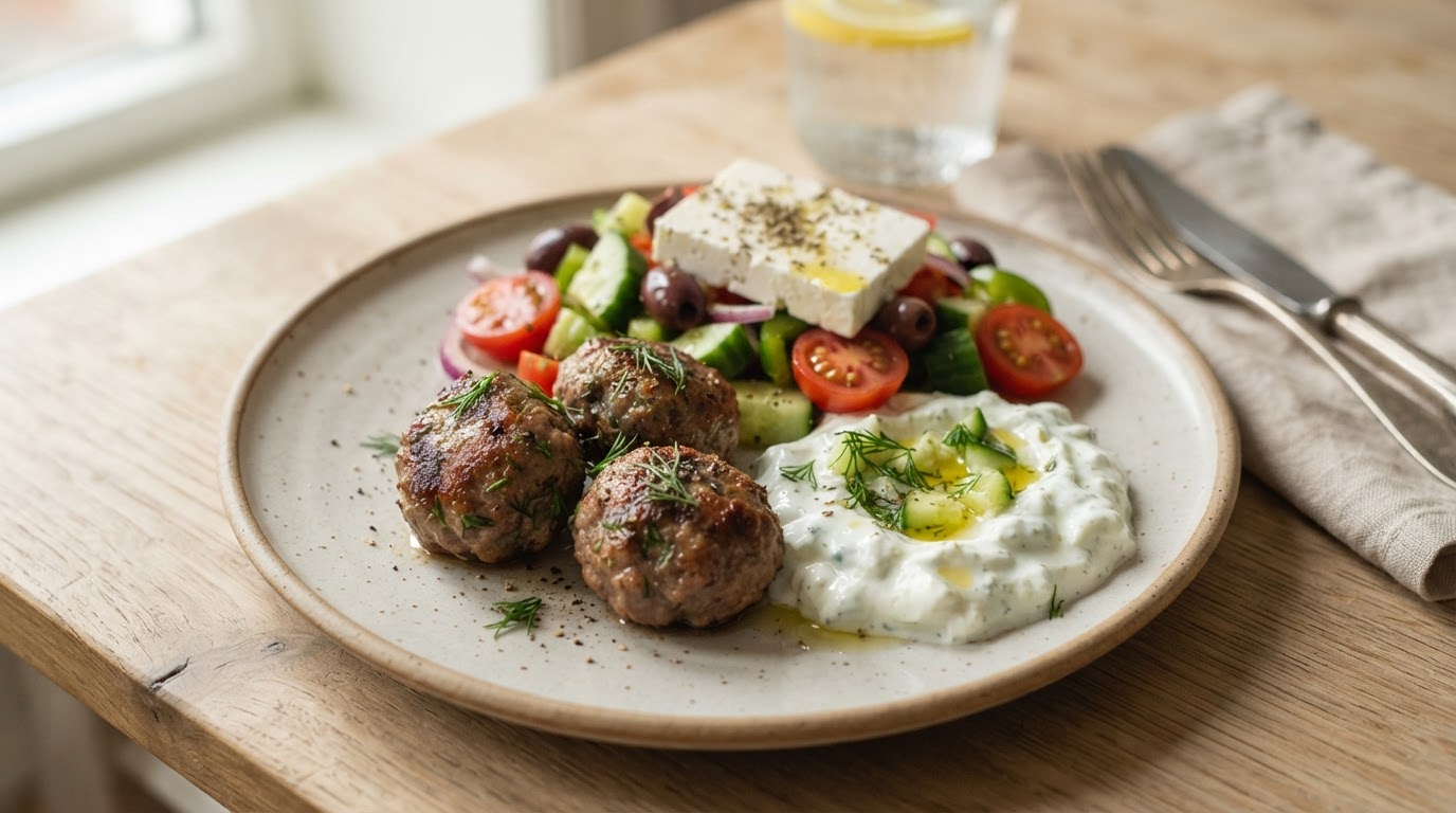 Middelhavskjøttkaker med gresk salat og tzatziki – illustrasjonsbilde