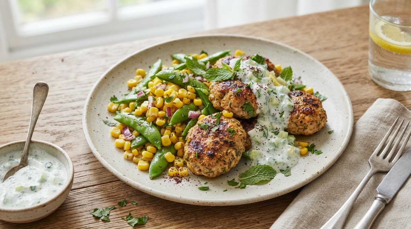 Midtøsten-inspirert kyllingkofta med fersk mais og mynteyoghurt – illustrasjonsbilde