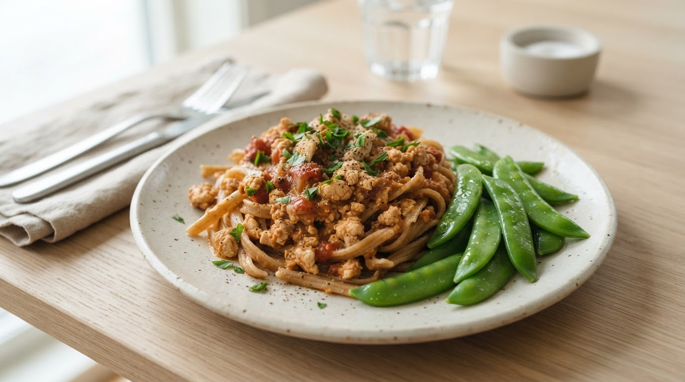Mild bolognese med kyllingkjøttdeig, fullkornspasta og ferske sukkererter – slik ser retten ut