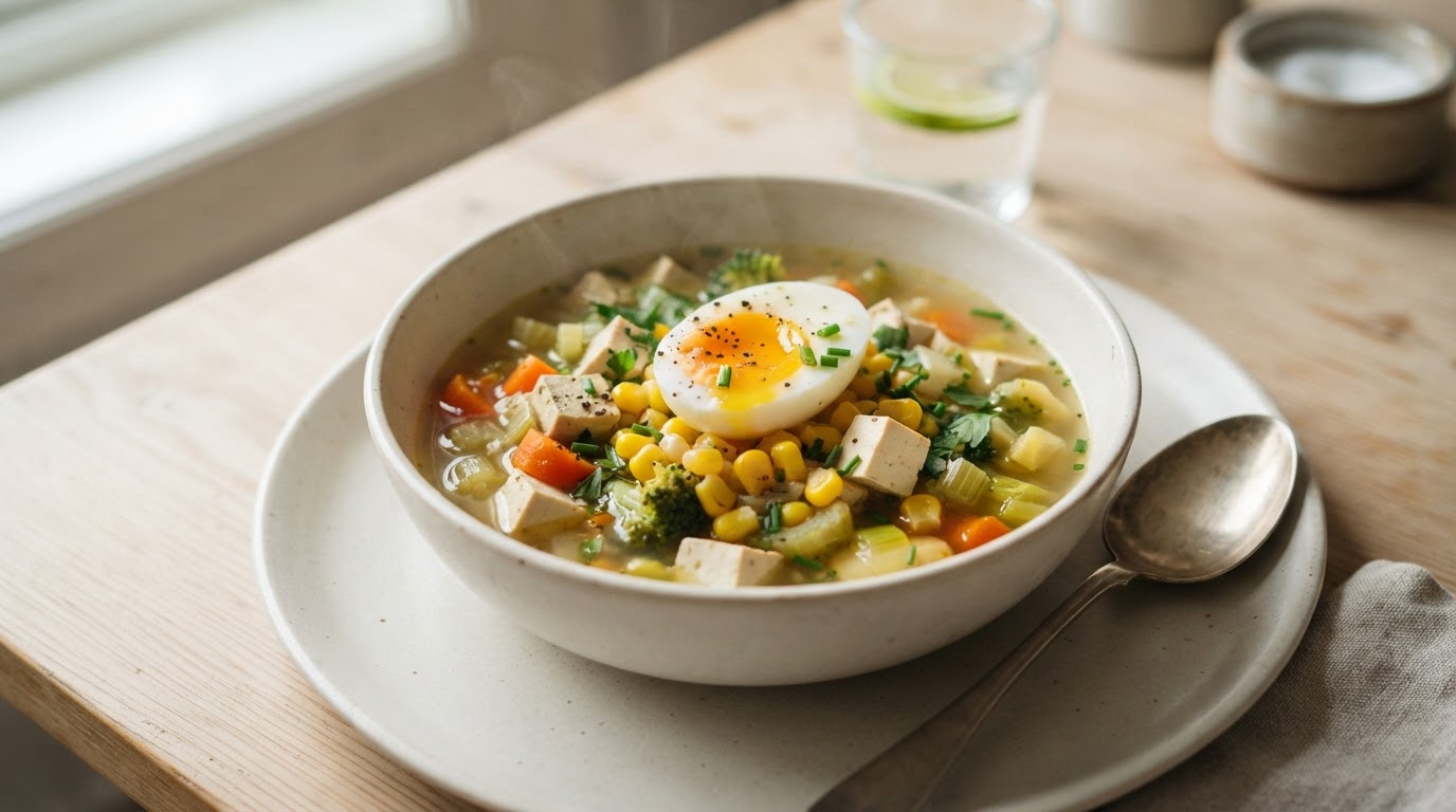 Mild grønnsakssuppe med tofu, fersk mais og egg – slik ser retten ut