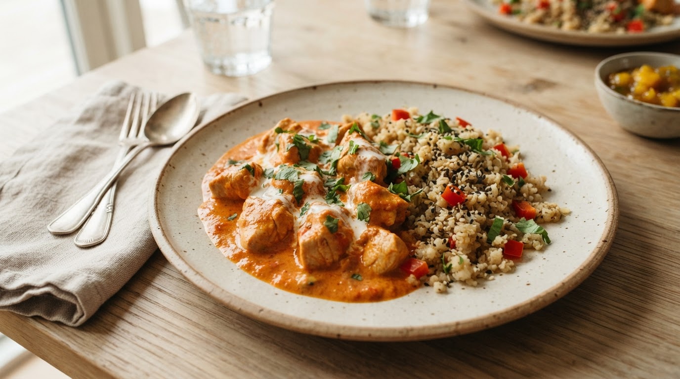 Mild indisk butter chicken med kalkun og sesam-blomkålris – illustrasjonsbilde