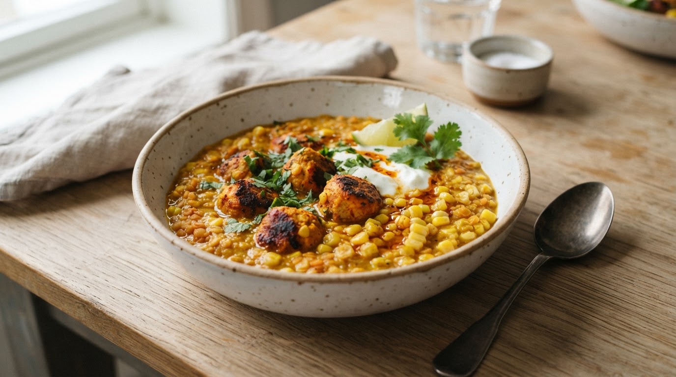 Mild indisk dal med tandoori-kyllingkjøttkaker og fersk mais – slik ser retten ut