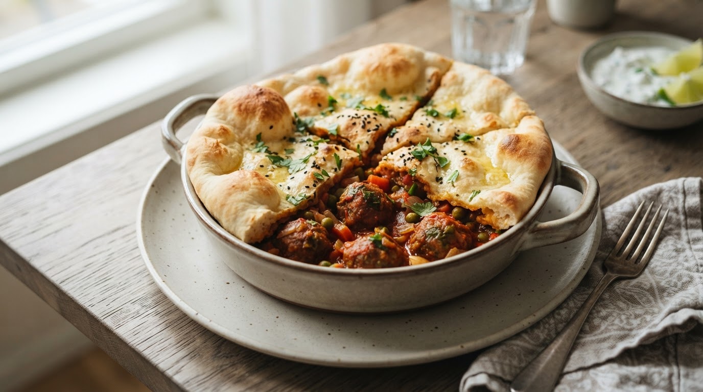 Mild indisk kjøttbolleform med gyllent naan-brødlokk – slik ser retten ut