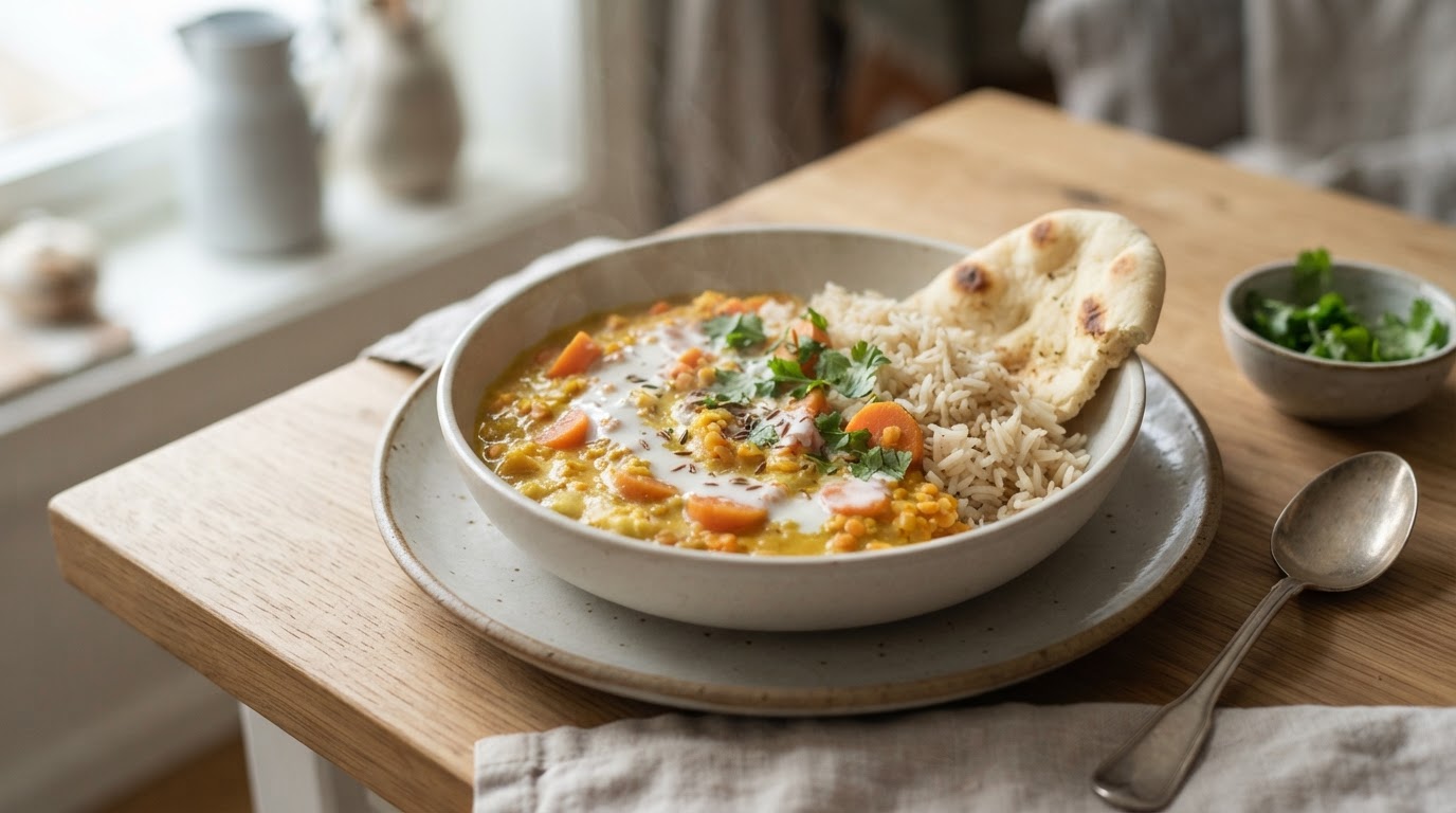 Mild indisk linsekarri (Dal) med gulrot og kokosmelk – slik ser retten ut