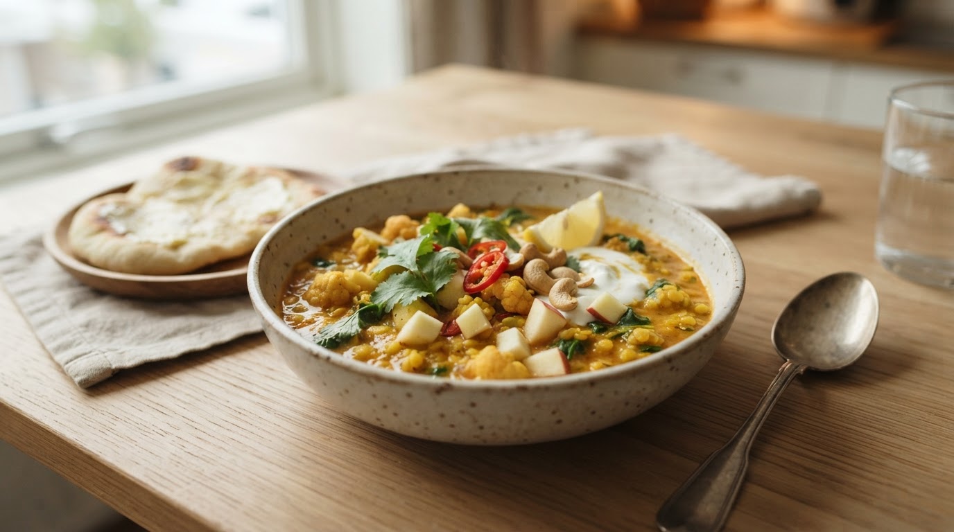 Mild indisk tandoori-dal med blomkål og norske epler – slik ser retten ut