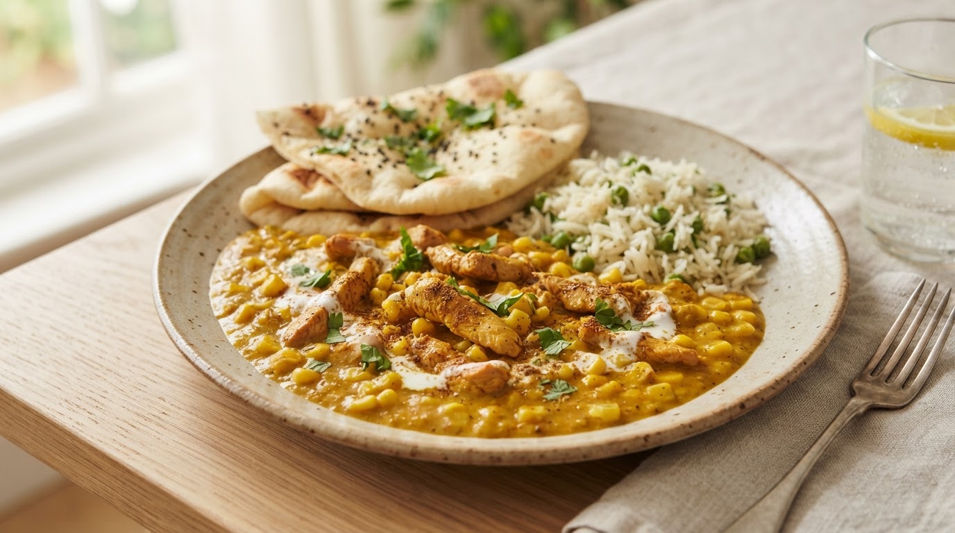 Mild indisk tandoori-dal med kalkun og fersk augustmais – slik ser retten ut