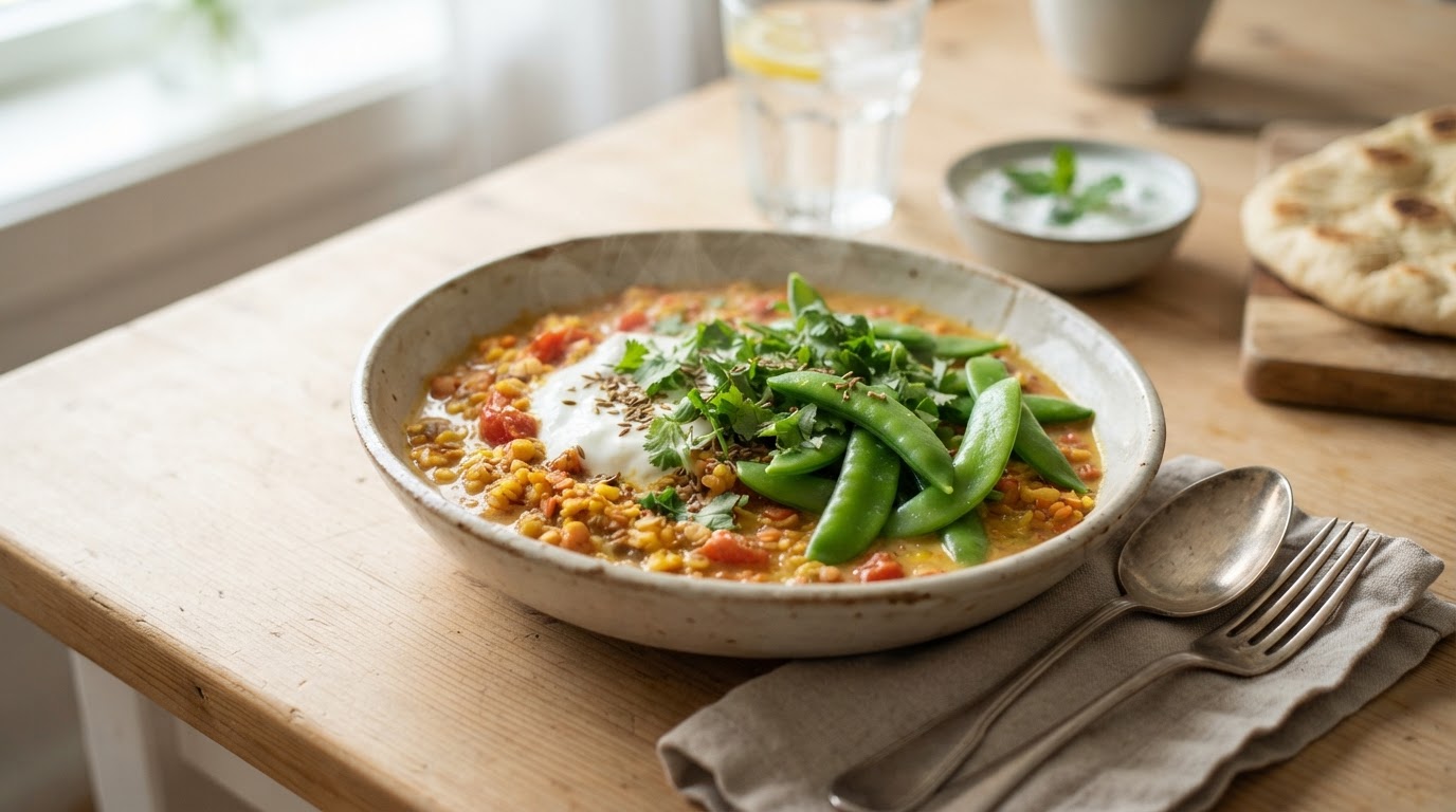 Mild indisk tikka masala-dal med ferske sukkererter – slik ser retten ut