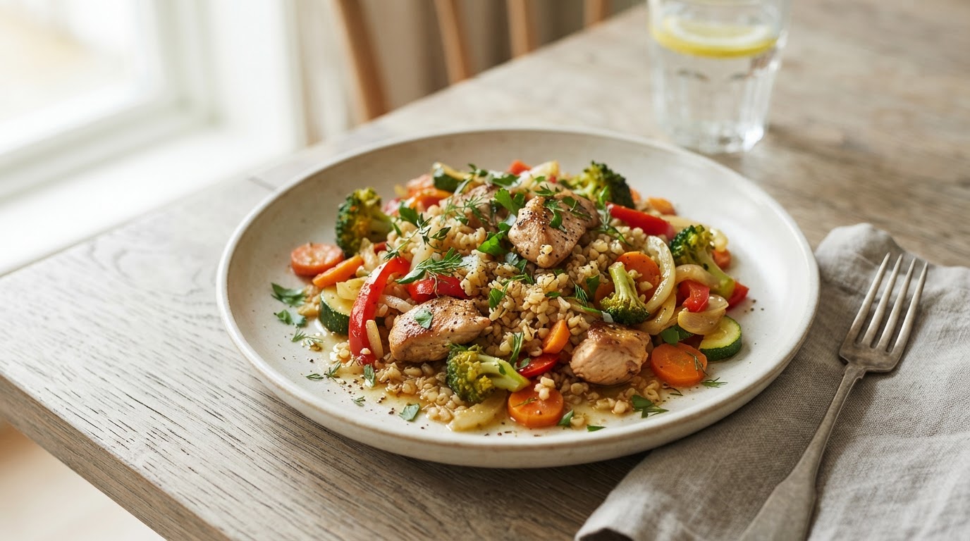 Mild kalkunpanne med fullkornsbulgur og sprø grønnsaker – illustrasjonsbilde