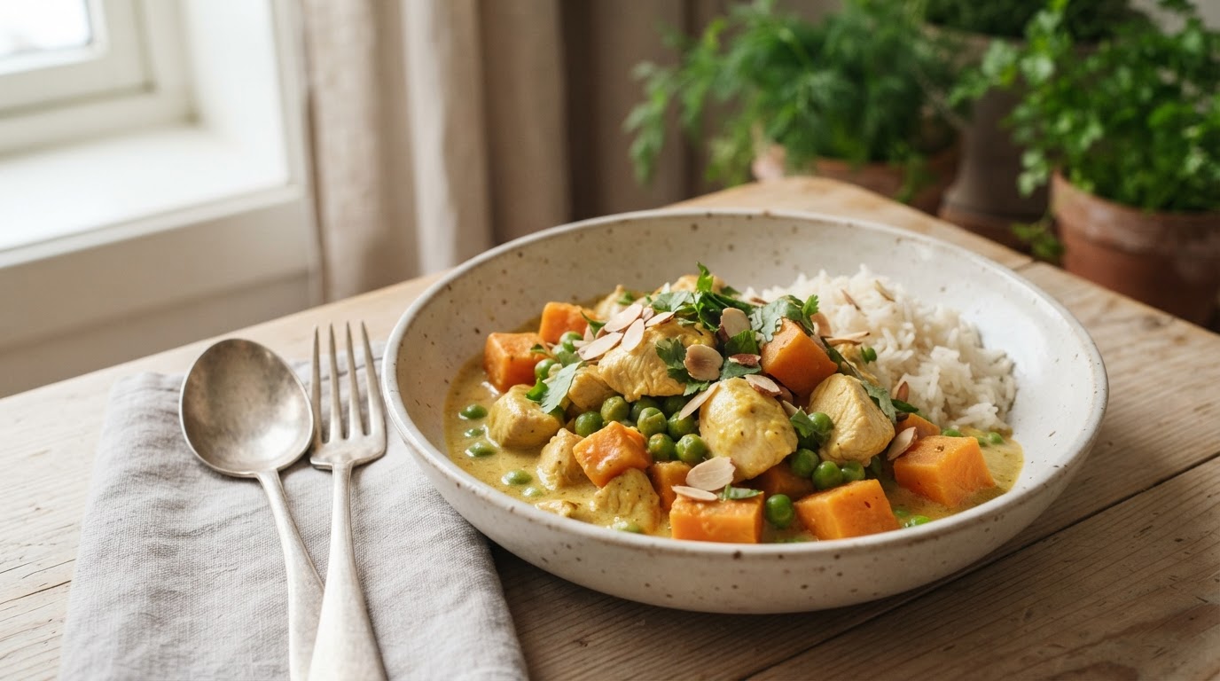 Mild kyllingkorma med søtpotet og erter – illustrasjonsbilde