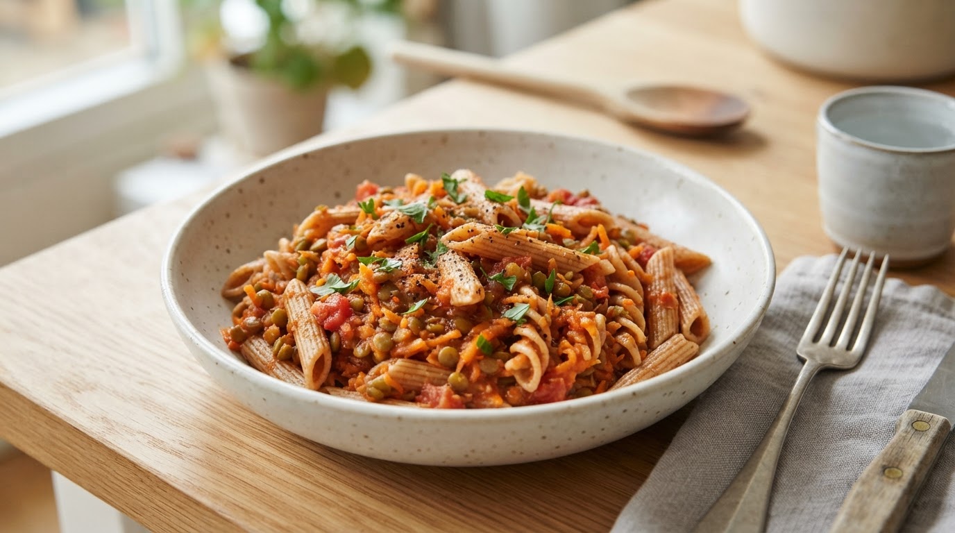 Mild linsebolognese med fullkornspasta og norske gulrøtter – slik ser retten ut